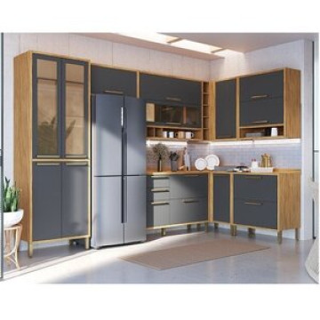 Cozinha Modulada De Canto 8 Peças 14 Portas E Vidro Reflecta 321cm 100% Mdf Vicenza Espresso Móveis Amêndoa/chumbo